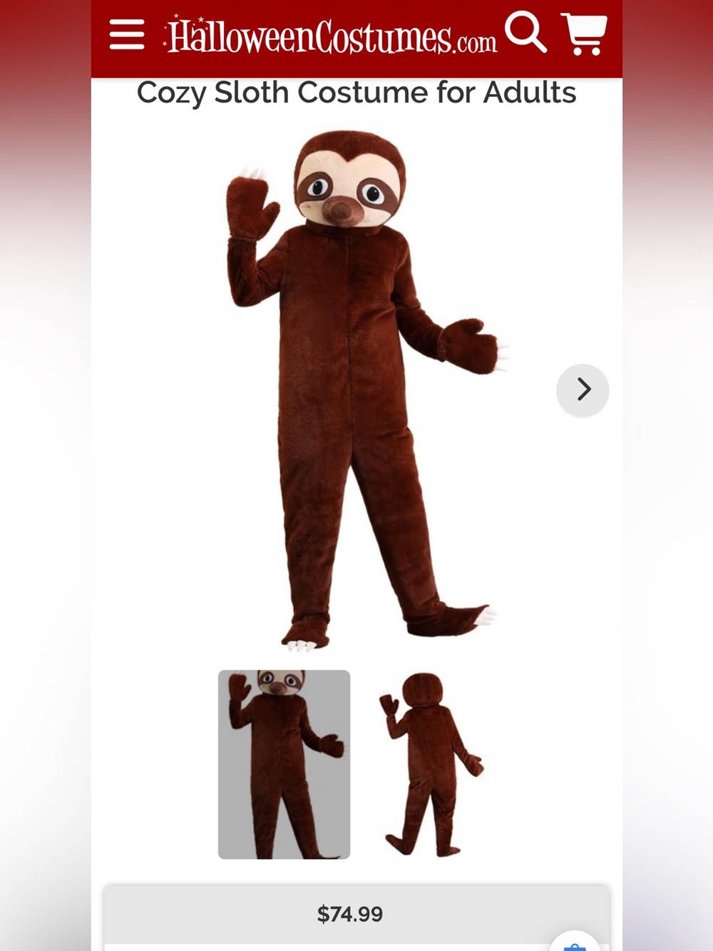 Cozy Brown Sloth One-Piece Costume - Kids